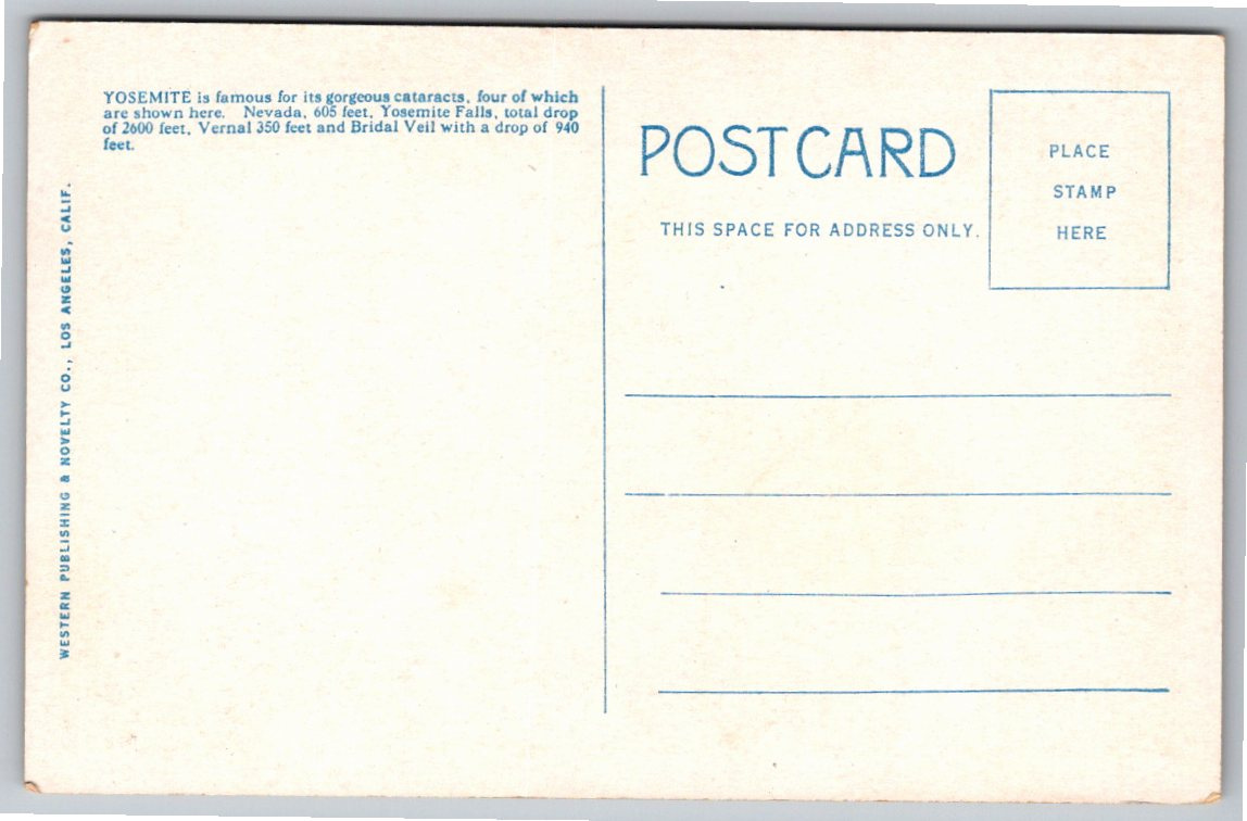1930s Yosemite National Park Waterfalls Vintage Linen Postcard - Back / Reverse View