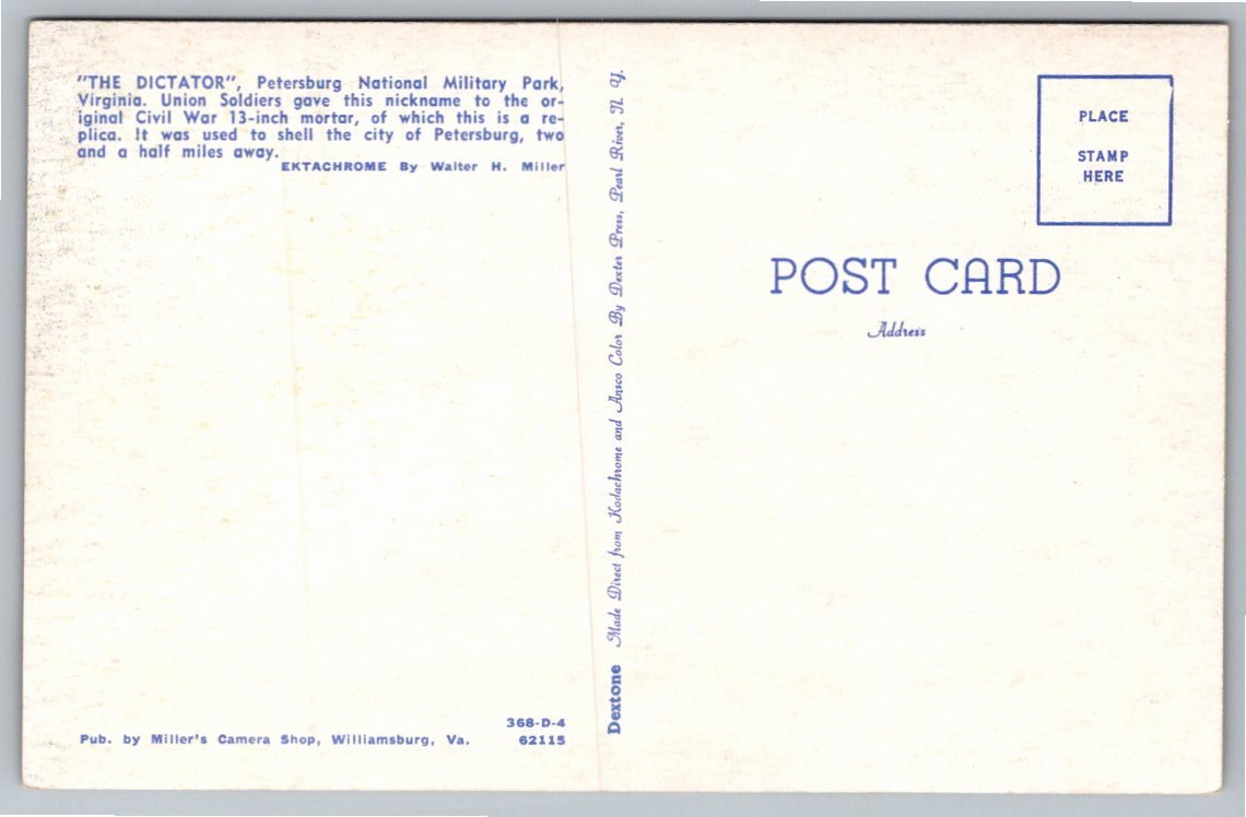 Vintage Petersburg National Military Park Dictator Mortar - Back / Reverse View