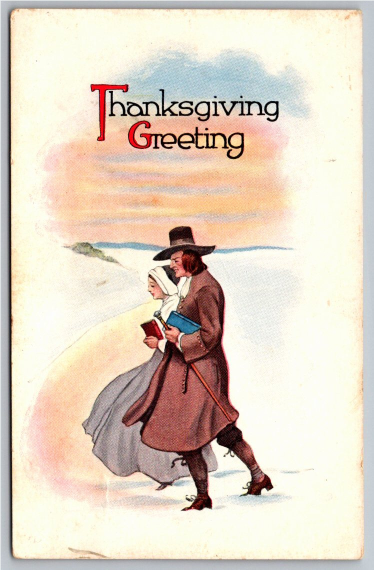 1916 Thanksgiving Greeting Postcard: Pilgrim Couple in the Snow
