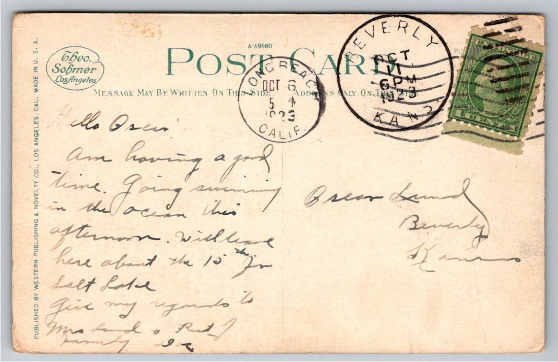 Vintage 1923 Bixby Park Postcard | Long Beach, California Gardens - Back / Reverse View
