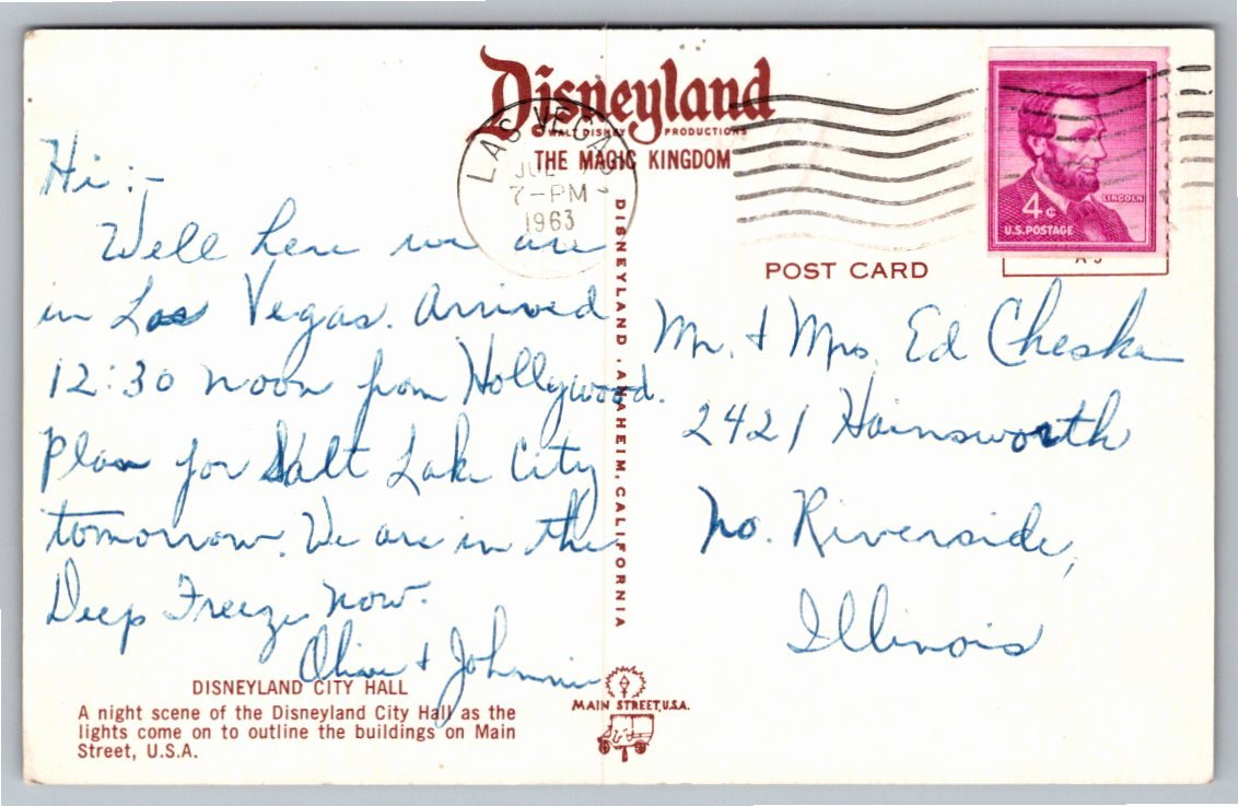 Vintage 1963 Disneyland City Hall Main Street USA Night Postcard - Back / Reverse View