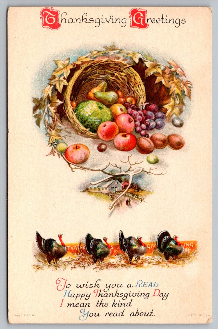 Antique 1910s Wolf & Co. Thanksgiving Postcard: Cornucopia &