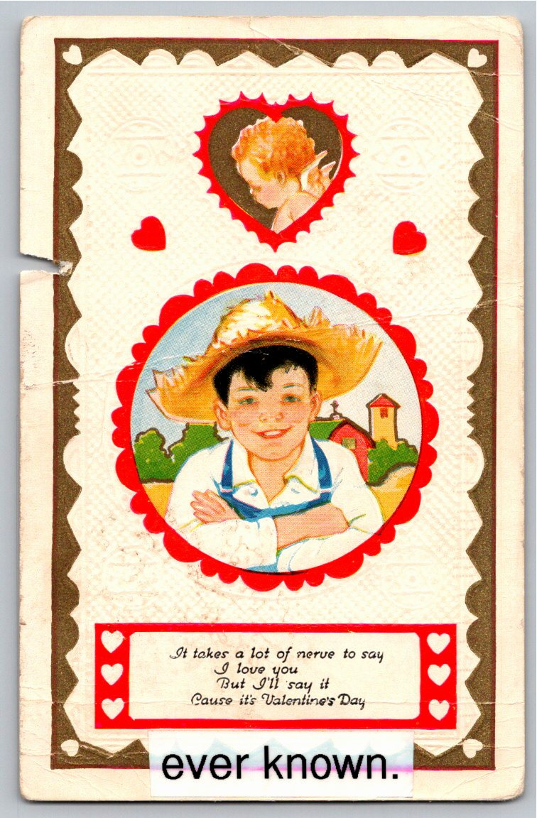 1910s Antique Embossed Valentine Postcard: Country Boy & Cupid
