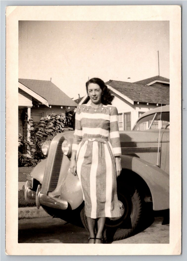 Vintage 1948 Fashion Snapshot: Woman & Classic 1930s Automobile