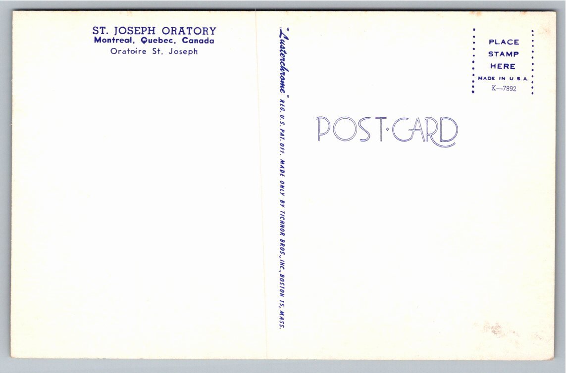Vintage St. Joseph Oratory Montreal Quebec Lusterchrome Postcard - Back / Reverse View