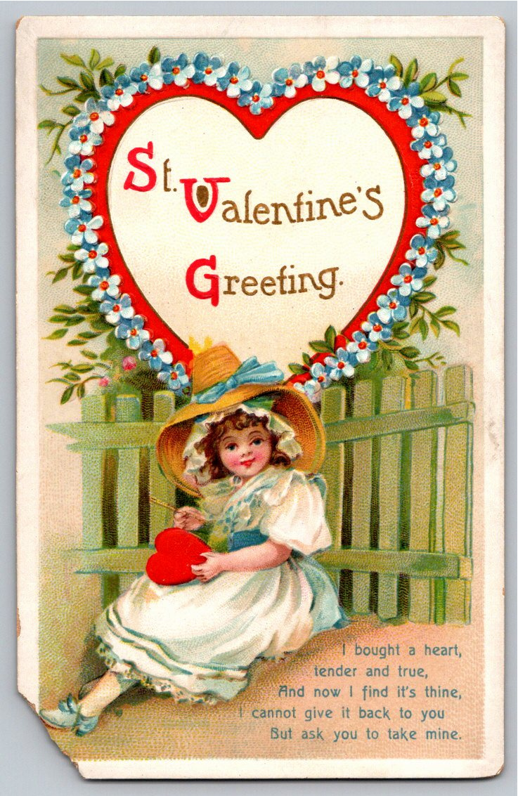 1900s Antique Valentine Postcard Girl with Heart Art Pub 1381
