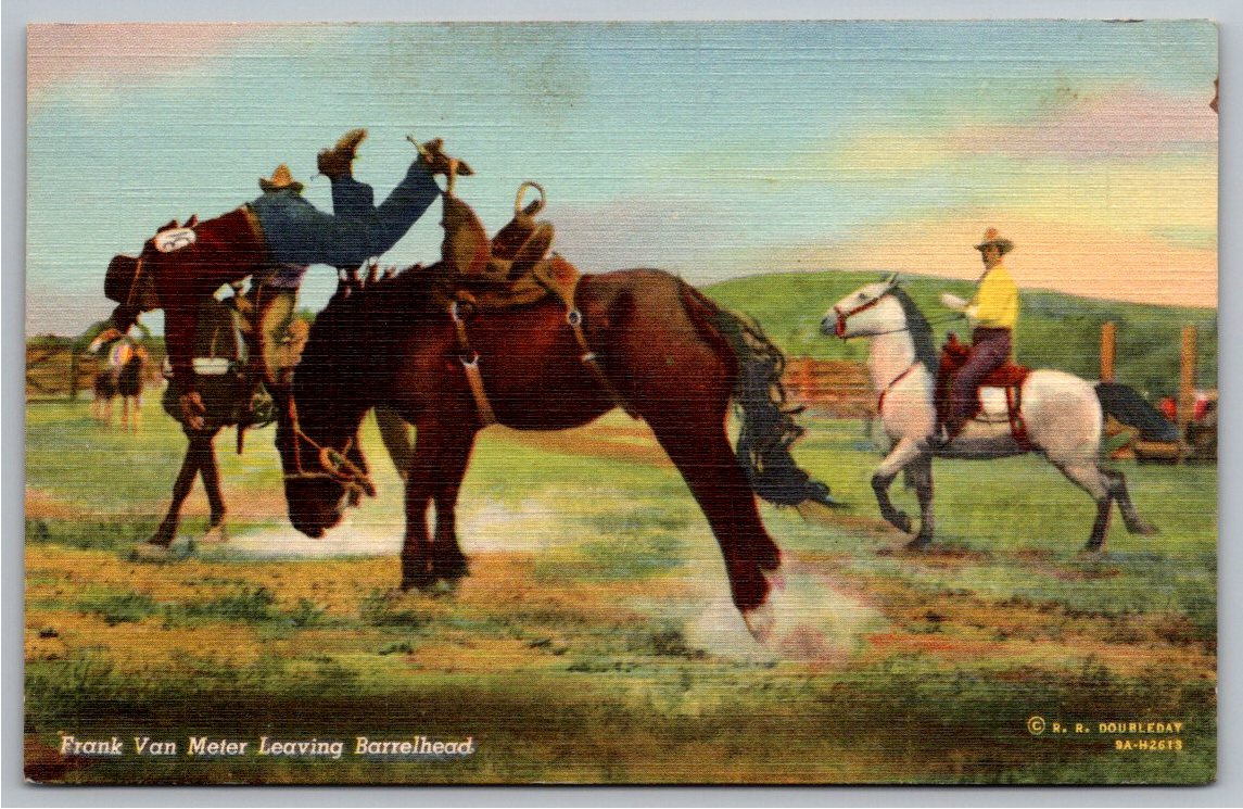 1939 Doubleday Rodeo Postcard Frank Van Meter Leaving Barrelhead