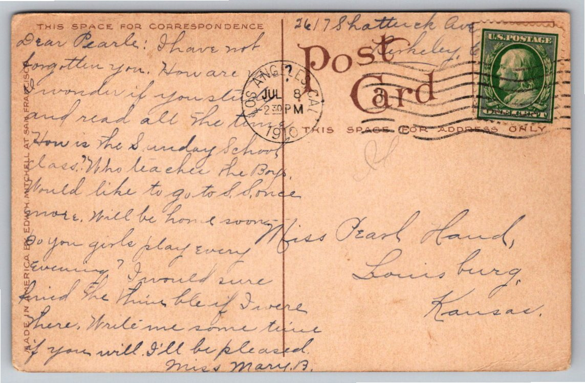 Vintage 1910 Mills College Oakland Postcard: Olney Way Bridge - Back / Reverse View