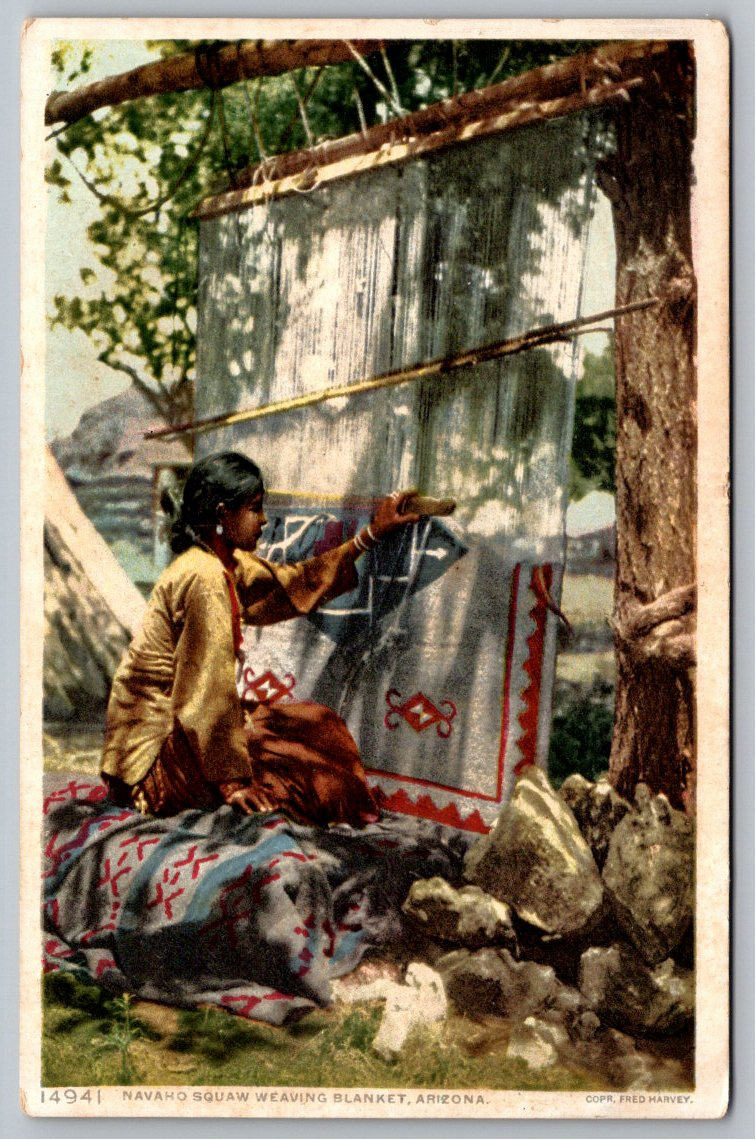 Antique 1900s Navajo Weaver at Loom Arizona Fred Harvey Postcard