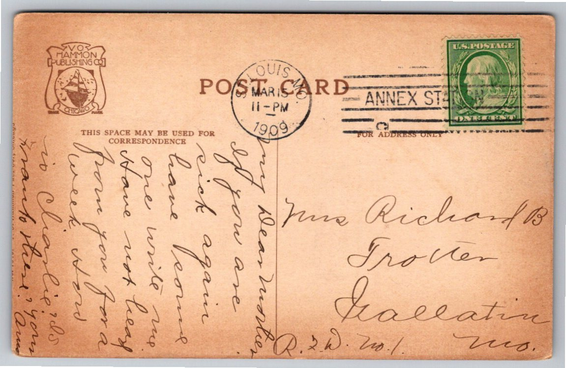 1908 St. Louis Union Station Streetcar Trolley Vintage Postcard - Back / Reverse View