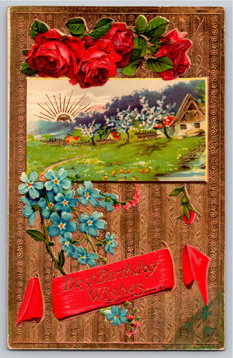 Antique 1910 Gold Embossed Birthday Postcard: Floral Cottage
