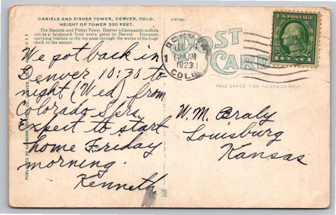 1923 Daniels & Fisher Tower Denver Colorado Vintage Postcard - Back / Reverse View