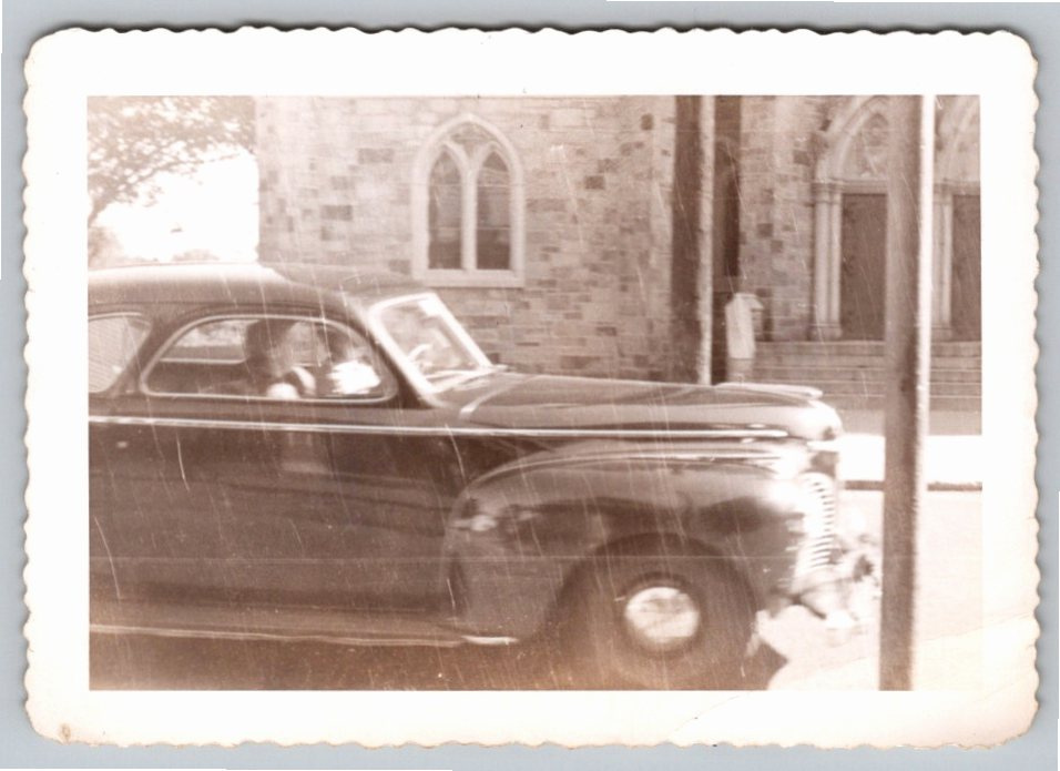 Vintage 1940s Classic Coupe Snapshot Outside Gothic Stone Church