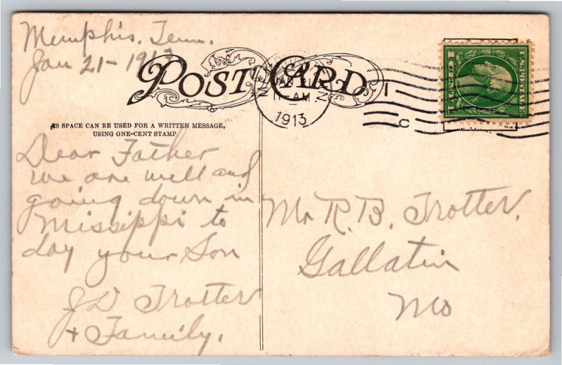 Historic Hotel Gayoso Memphis Tennessee 1913 Vintage Postcard - Back / Reverse View