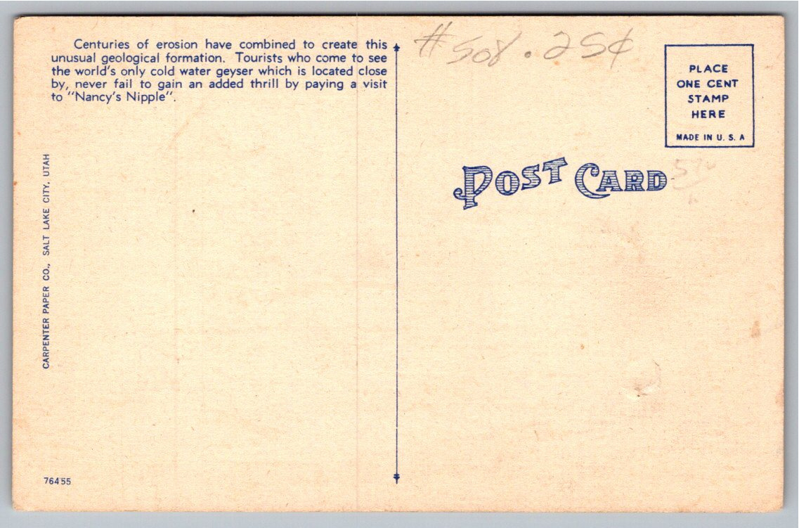 1940s Nancys Nipple Linen Postcard | Green River, Utah Geology - Back / Reverse View