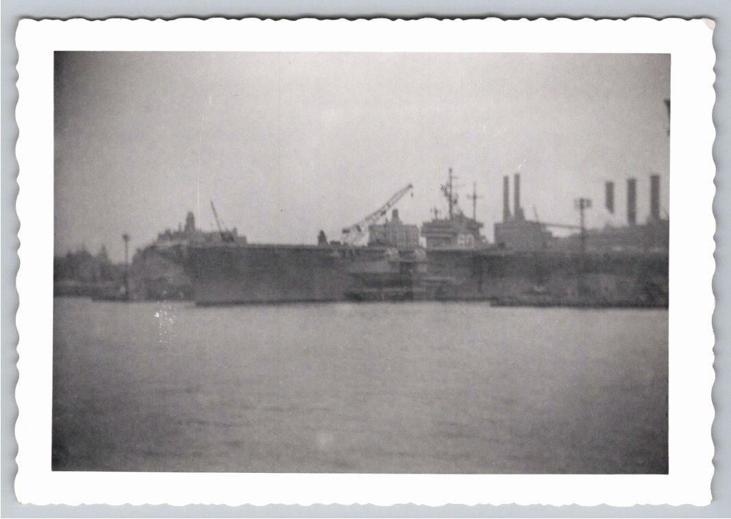 1950s US Navy Aircraft Carrier Docked Shipyard Original B&W Photo