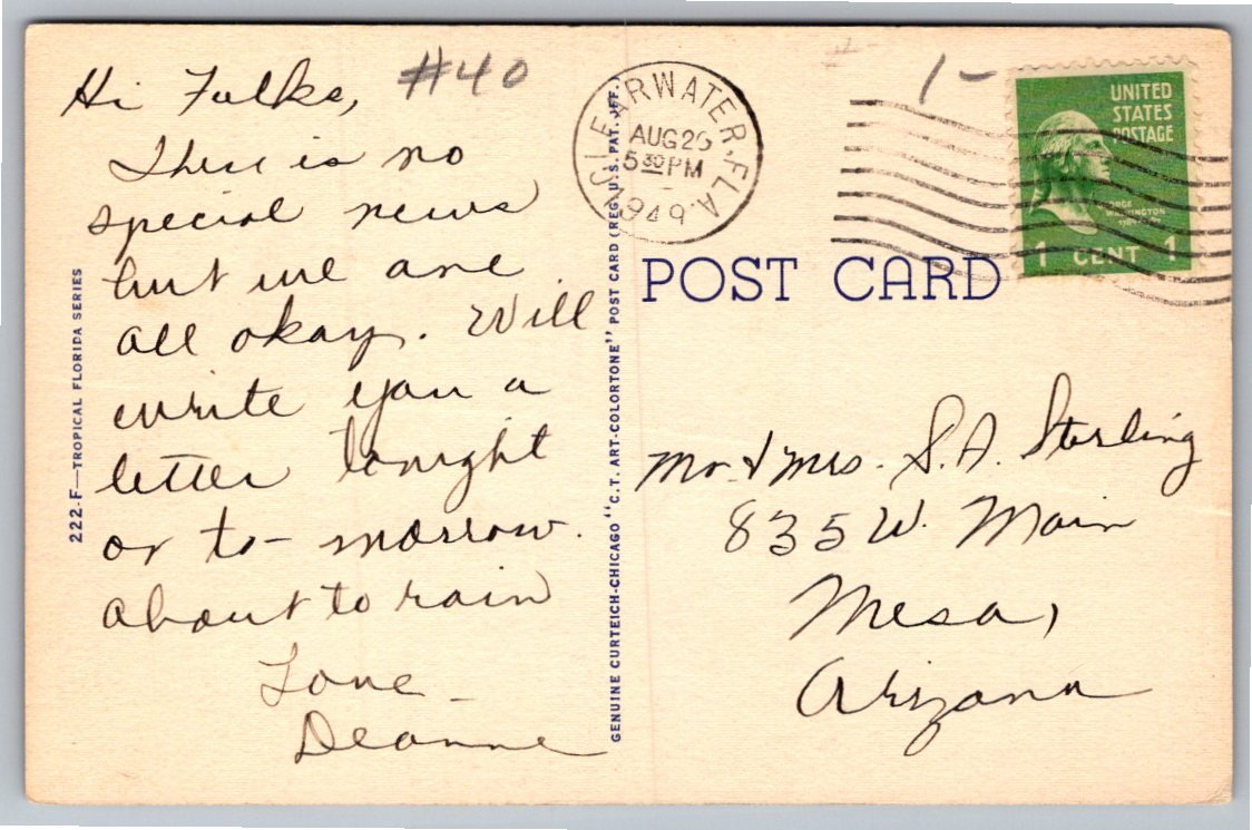 Vintage Florida Trailer Camp Linen Postcard c. 1940s Curt Teich - Back / Reverse View