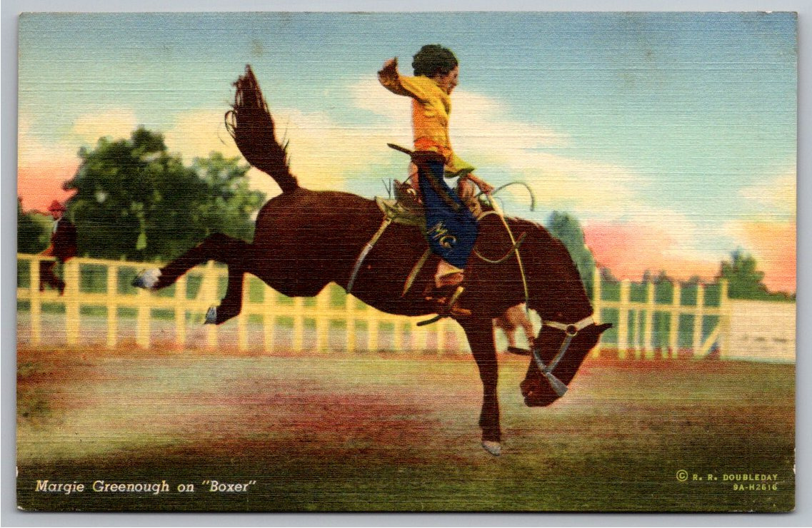 1939 Margie Greenough Bronco Bucking Horse Rodeo Linen Postcard