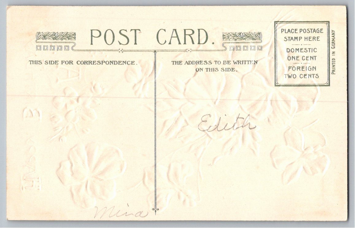 1900s Antique Monogram A Purple Pansies Happy Birthday Postcard - Back / Reverse View
