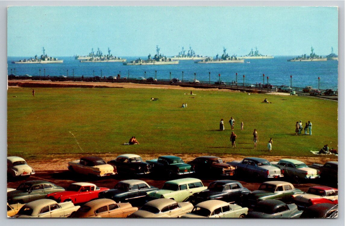Vintage 1950s Long Beach Postcard: US Navy Fleet & Horseshoe Pier