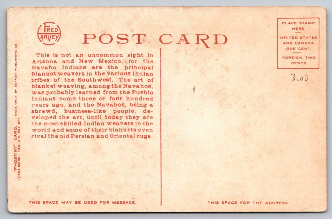 Antique 1900s Navajo Weaver at Loom Arizona Fred Harvey Postcard - Back / Reverse View