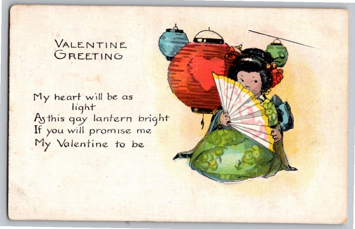Vintage 1910s Japanese Geisha Lantern Valentine Greeting Postcard