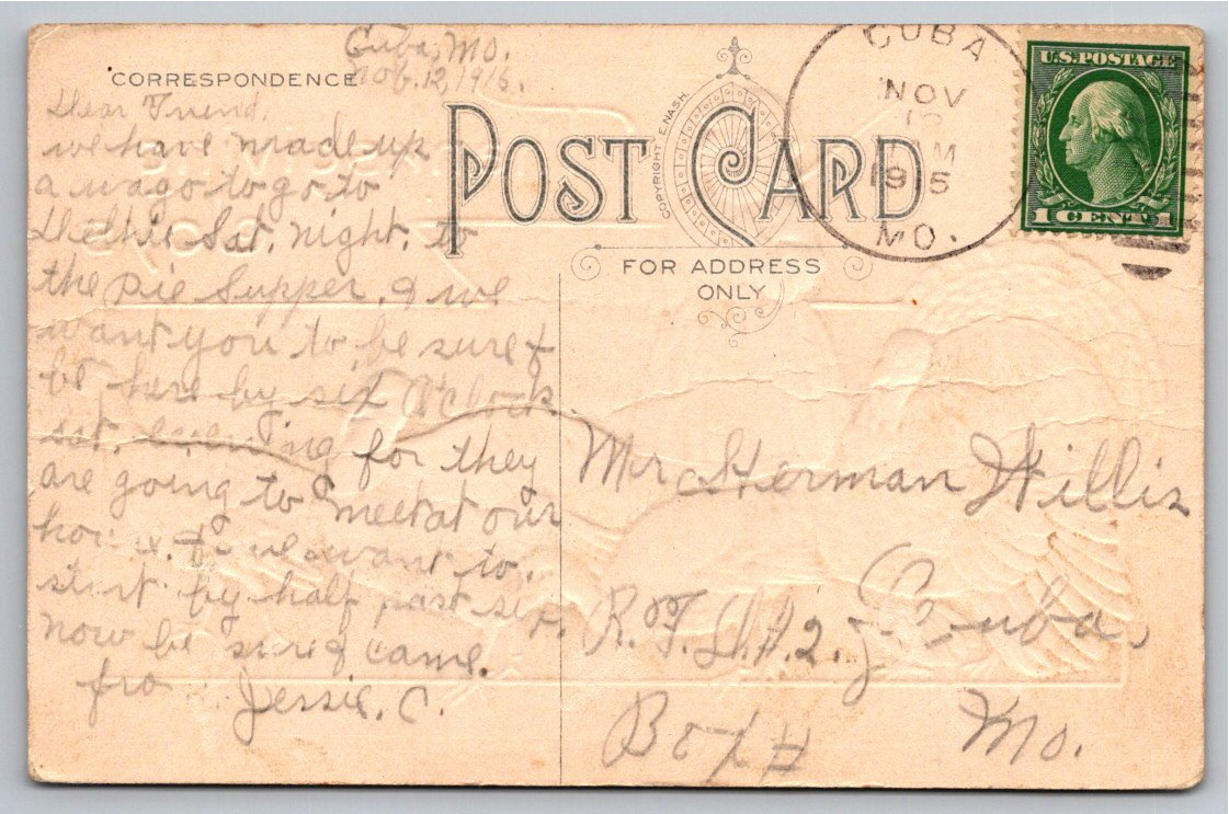 Antique 1915 Embossed Thanksgiving Postcard: Girl with Turkeys - Back / Reverse View