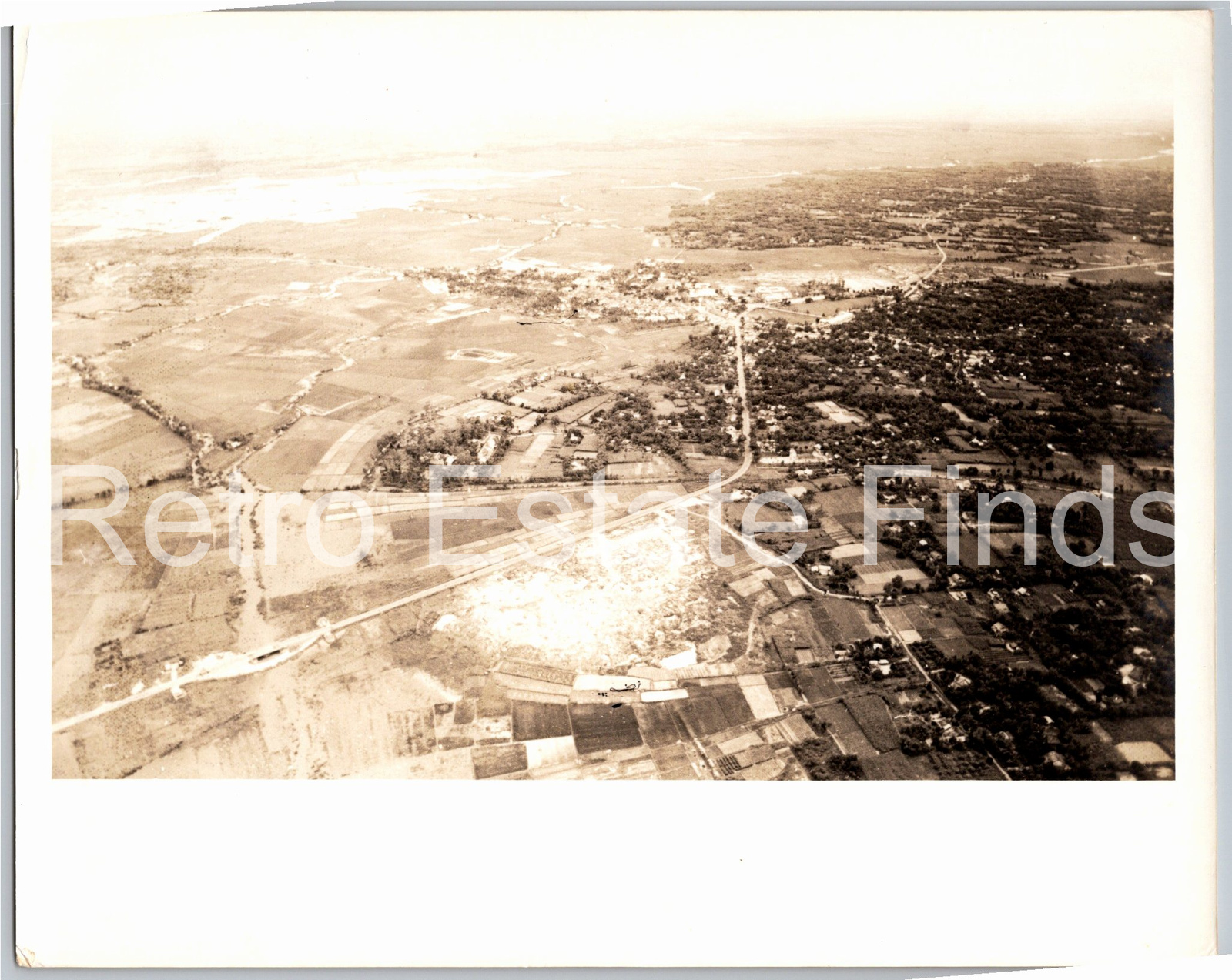 Vintage 1950s Black & White Aerial Photo of Rural Farm Landscape