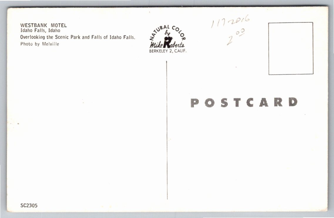 Vintage 1960s Idaho Falls Westbank Motel Postcard LDS Temple View - Back / Reverse View