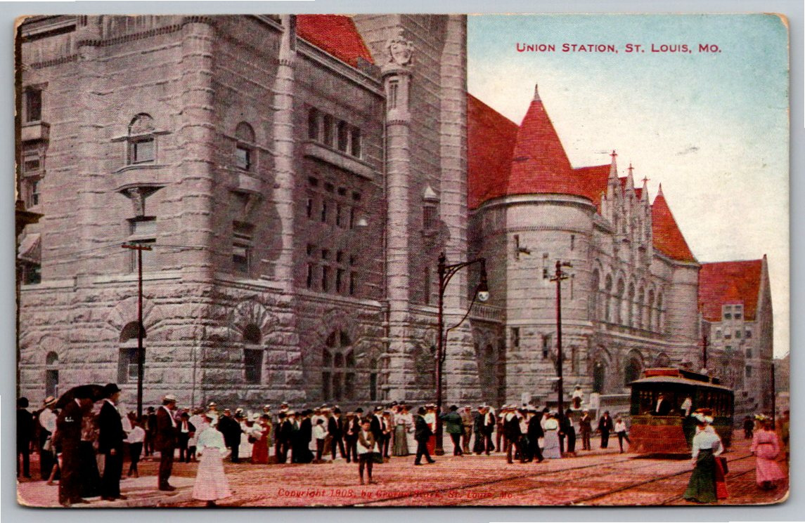 1908 St. Louis Union Station Streetcar Trolley Vintage Postcard