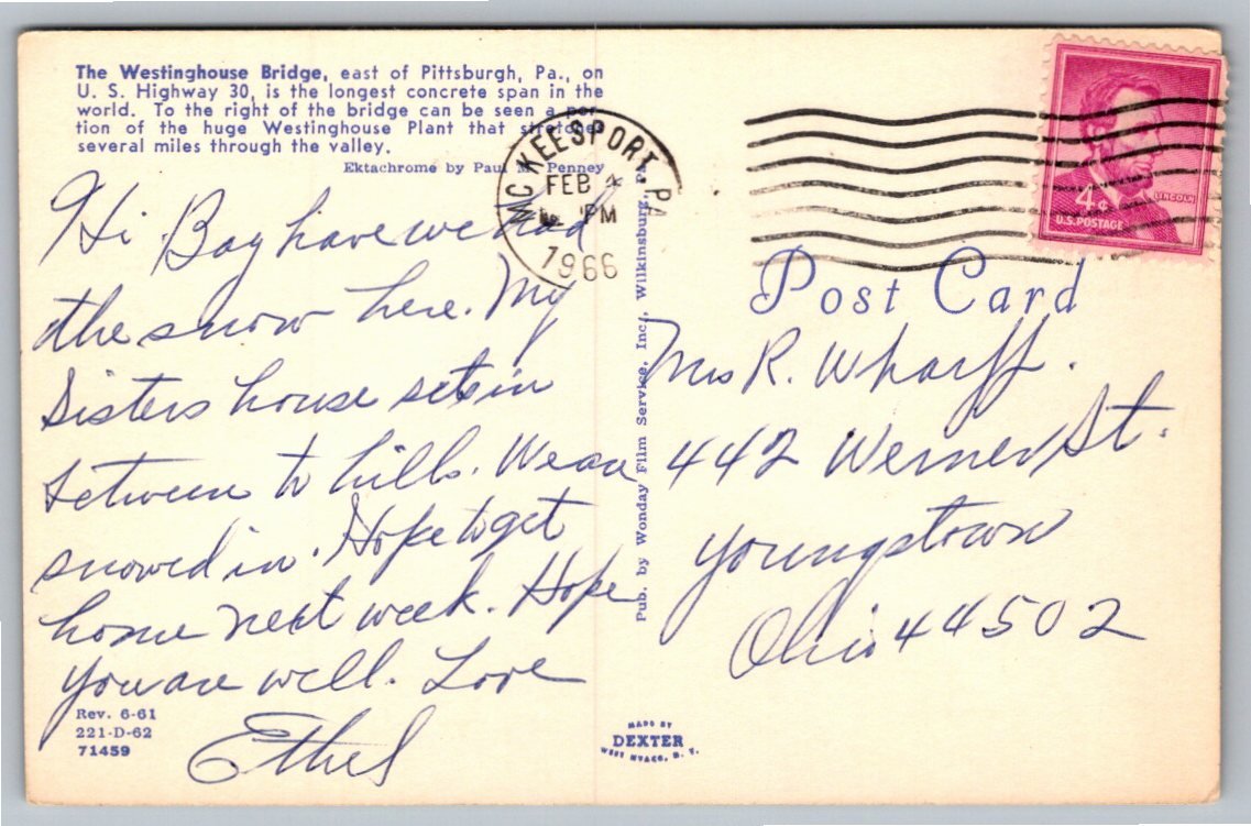 Vintage Westinghouse Bridge Postcard: Pittsburgh Concrete Span - Back / Reverse View