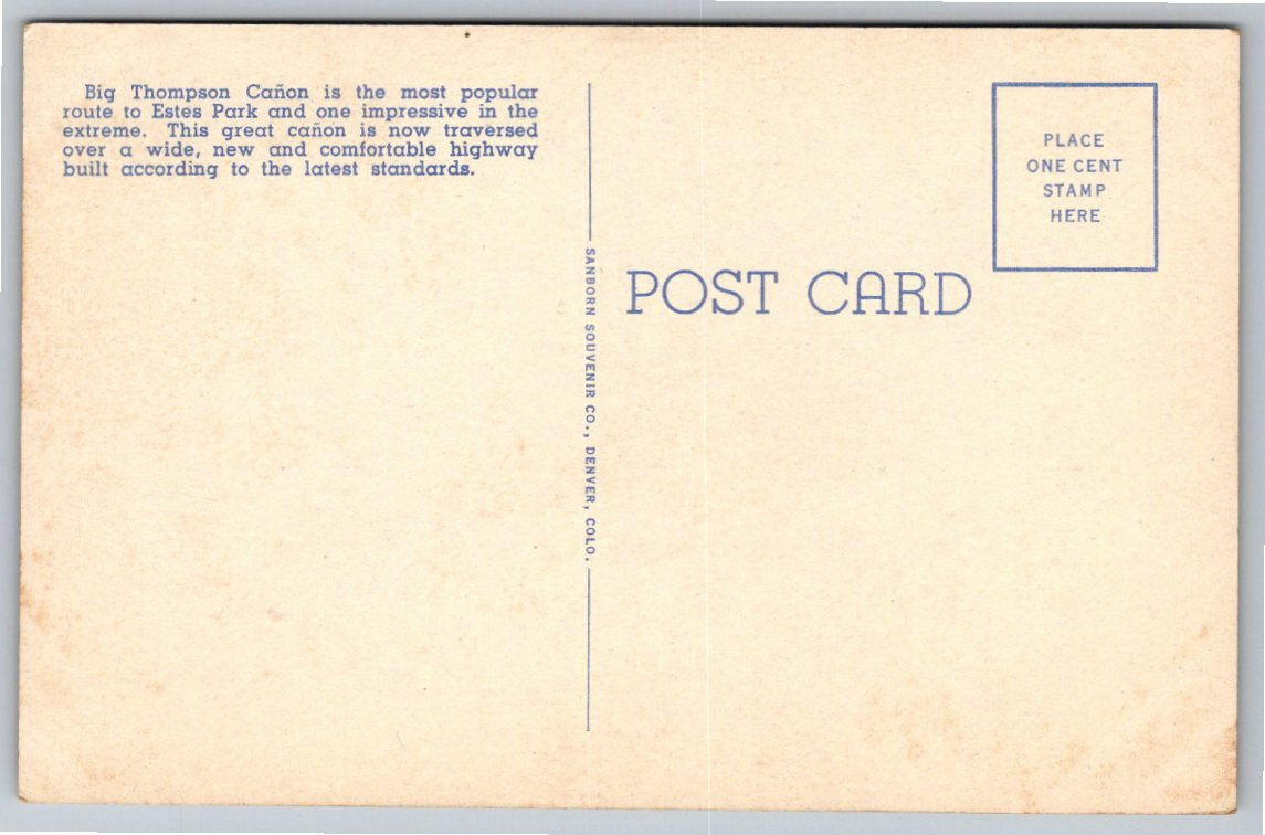 1935 Big Thompson Canyon Highway Colorado Vintage Linen Postcard - Back / Reverse View