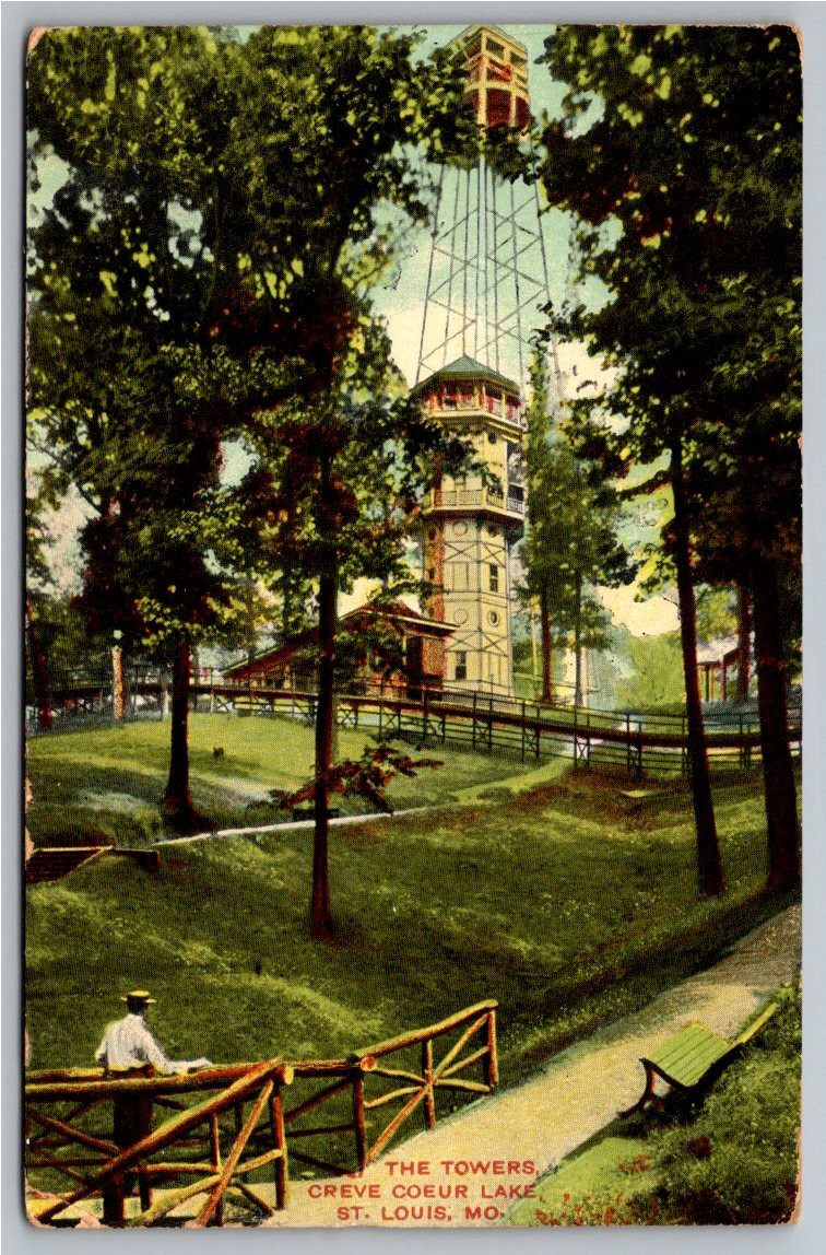 1909 Creve Coeur Lake Observation Towers St. Louis MO Postcard