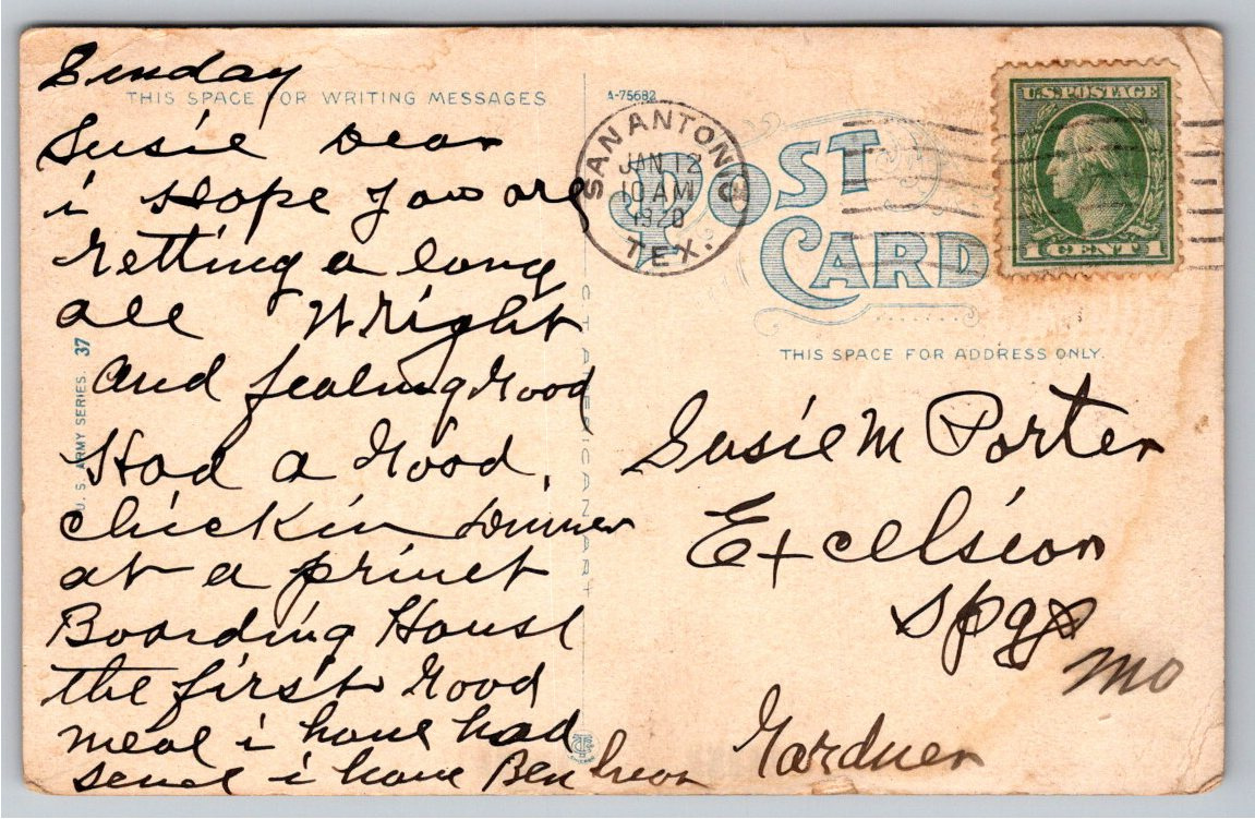 WWI US Army Engineer Corps Pontoon Bridge Postcard, San Antonio - Back / Reverse View