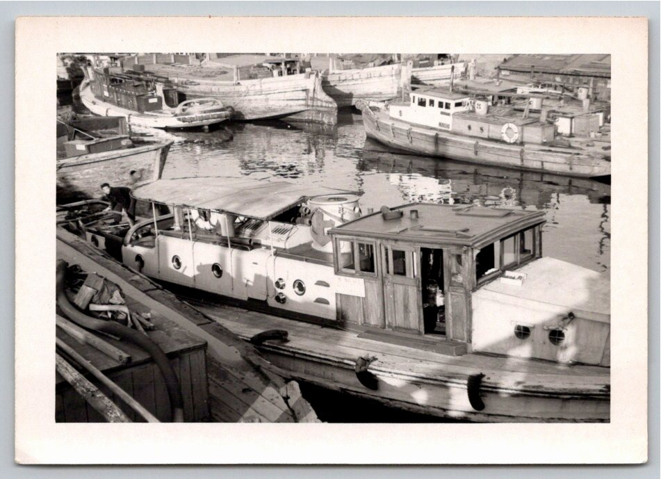 Vintage 1940s Red Cross Harbor Tugboat & Barges B&W Snapshot