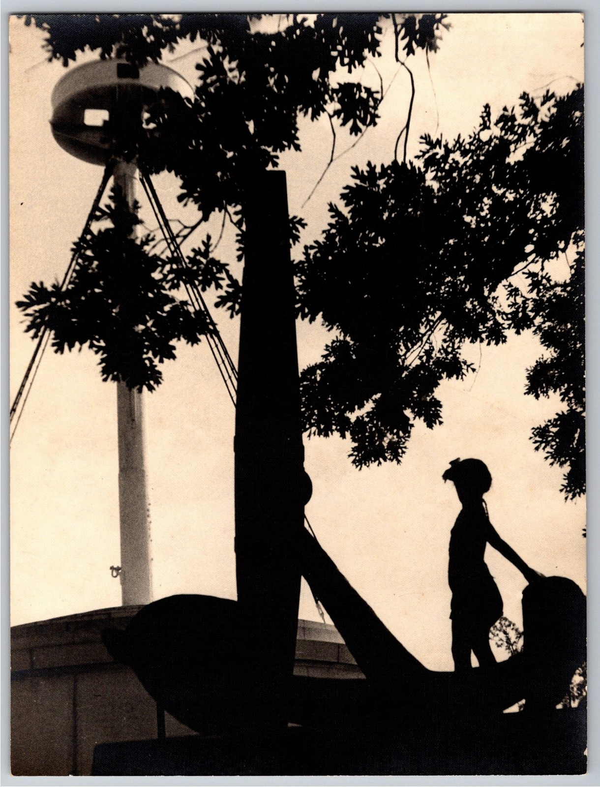 Vintage 1970s B&W Photo Snapshot: Child Silhouette & Anchor