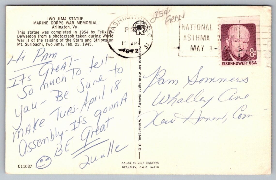 Vintage Marine Corps War Memorial Iwo Jima Postcard Arlington VA - Back / Reverse View