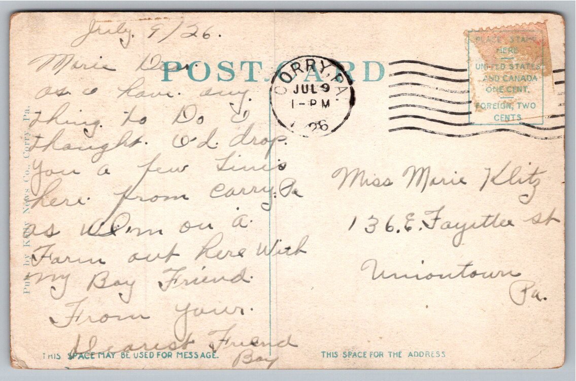 1926 Vintage Postcard Soldiers Monument Park Corry Pennsylvania - Back / Reverse View