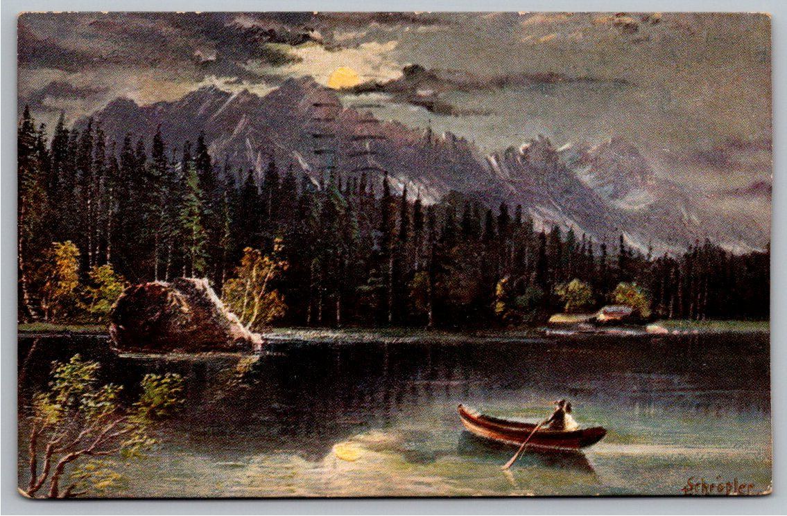 Antique 1909 German Art Series Postcard: Moonlit Mountain Lake