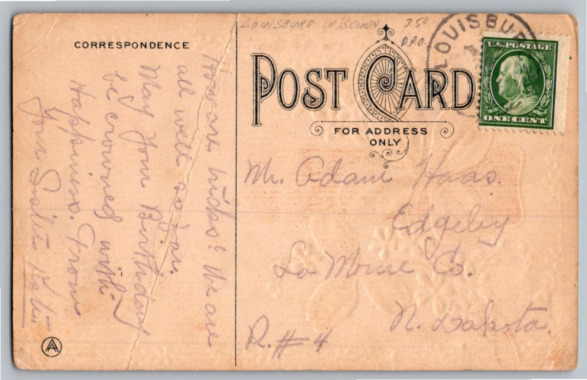 Vintage 1900s Four-Leaf Clover & Floral Birthday Postcard - Back / Reverse View