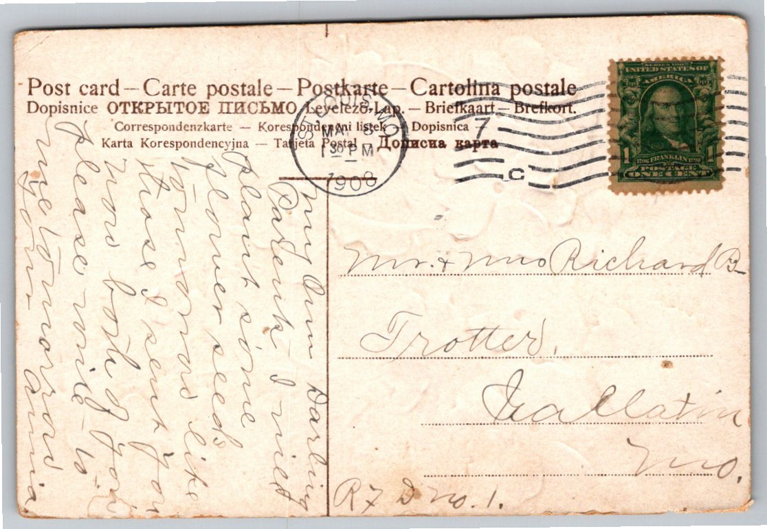 1908 Embossed Primrose Floral Greetings From Missouri Postcard - Back / Reverse View