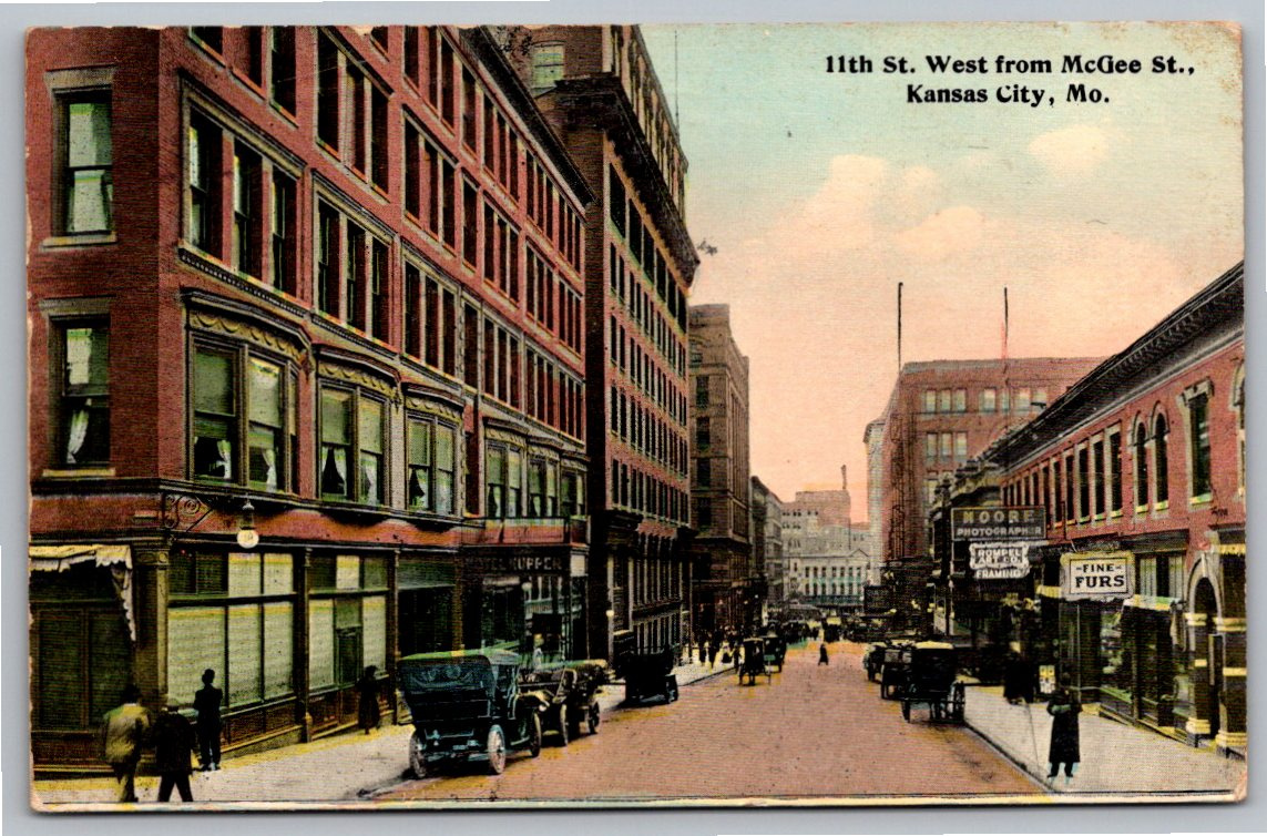 1913 Kansas City Missouri 11th St & McGee Vintage Color Postcard