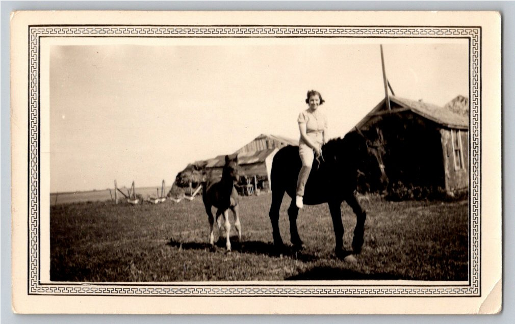 Vintage 1939 South Dakota Farm Snapshot: Woman Riding Horse &