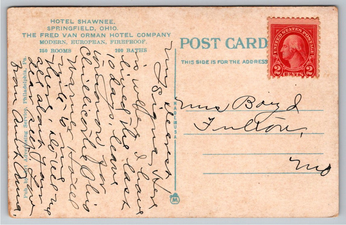 Vintage 1920s Hotel Shawnee Springfield Ohio Printed Postcard - Angle / View 3