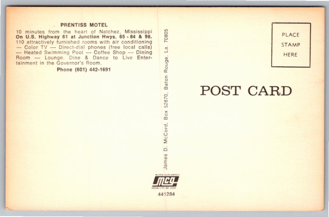 Vintage Prentiss Motel Postcard Natchez Mississippi Highway 61 - Back / Reverse View