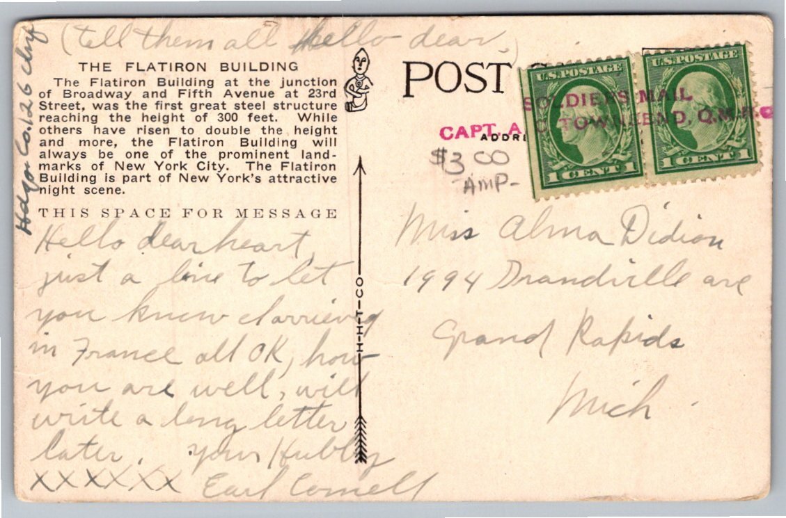 Vintage Flatiron Building New York City Night View Postcard Art - Back / Reverse View