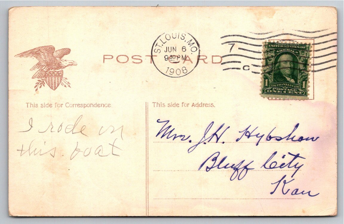 1908 Mississippi River Steamboat Moline Postcard St. Louis MO - Back / Reverse View
