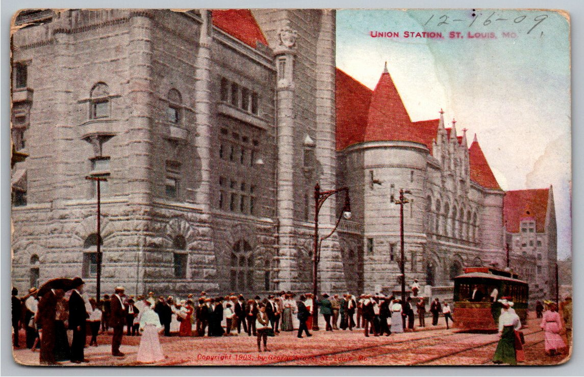 1909 St. Louis Union Station & Streetcar Antique Color Postcard