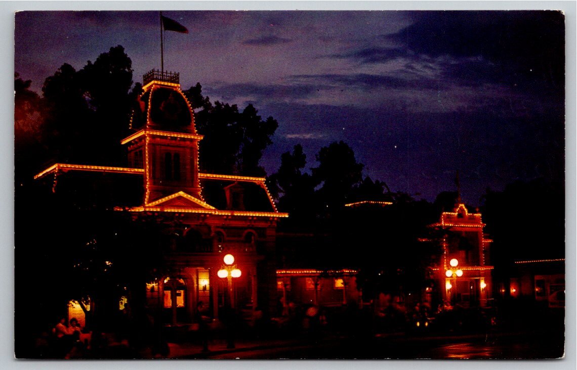 Vintage 1963 Disneyland City Hall Main Street USA Night Postcard