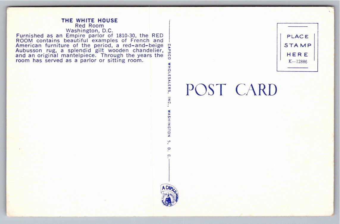 Vintage White House Red Room Interior Postcard | Capsco K-12886 - Back / Reverse View